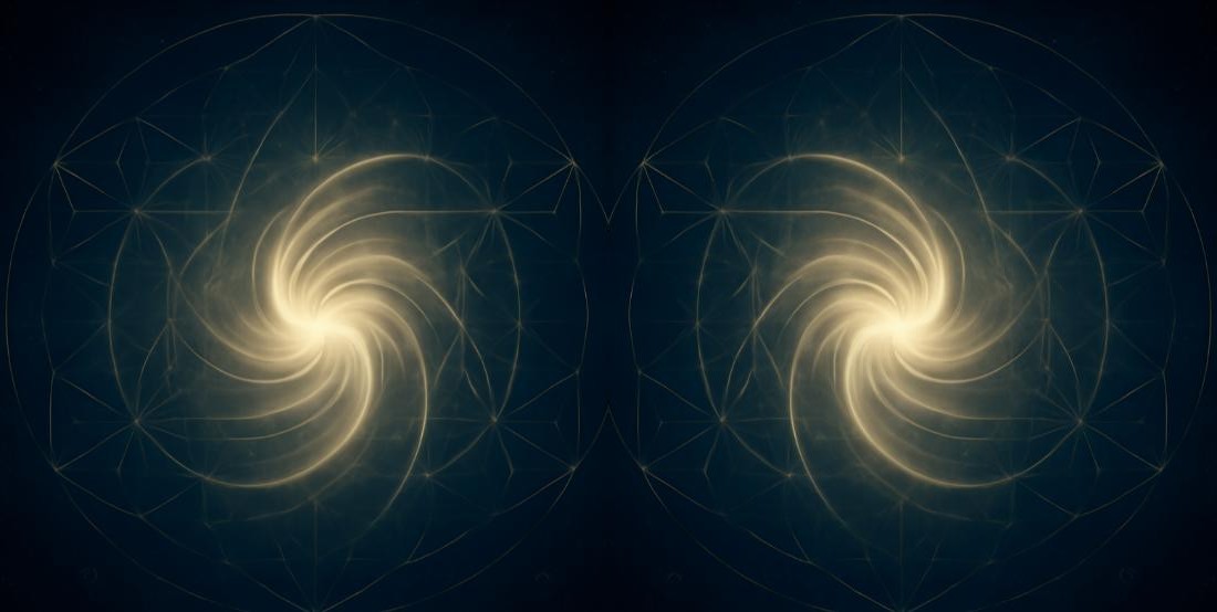 Twin golden spirals within sacred geometry, mirrored at the center